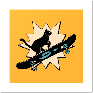 Cool Skater Black Cat in yellow Posters and Art